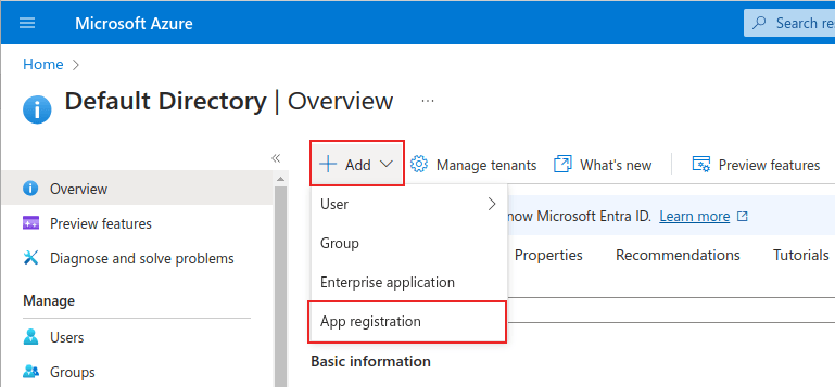 صفحه مدیریت Microsoft Azure با گزینه‌های + افزودن و ثبت‌نام برنامه برجسته شده.