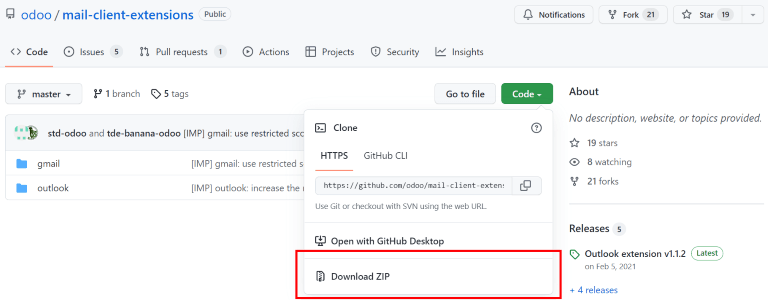 فایل ZIP را از مخزن گیت‌هاب Odoo برای افزونه‌های ایمیل دانلود کنید.