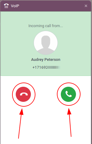 تماس ورودی در ویجت VoIP اودو نمایش داده می‌شود.
