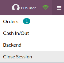 منوی کشویی برای بستن یک جلسه فروش (POS)، دسترسی به بخش مدیریت، افزودن یا برداشت وجه نقد یا بررسی سفارش‌ها