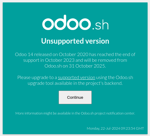 پنجره پاپ‌آپ "نسخه غیرپشتیبانی‌شده" در Odoo.sh.