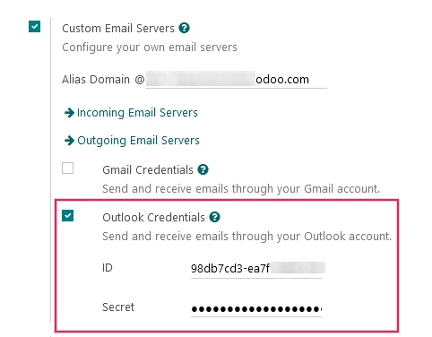 اعتبارنامه‌های Outlook در تنظیمات عمومی Odoo.