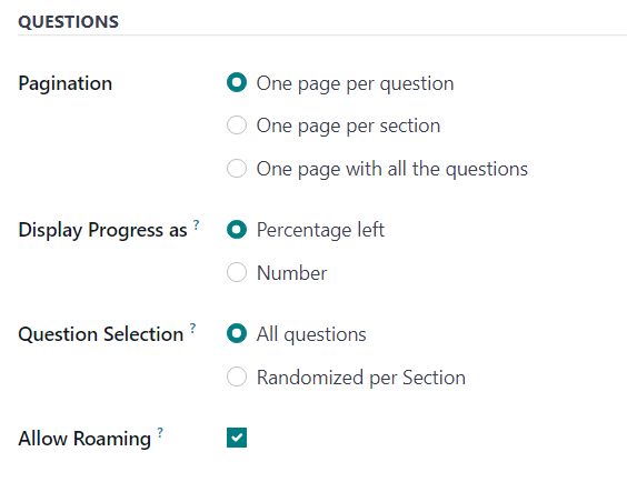 بخش سوالات در زبانه گزینه‌ها در فرم نظرسنجی در Odoo Surveys.