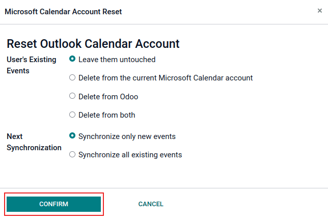گزینه‌های تنظیم مجدد تقویم Outlook در Odoo.