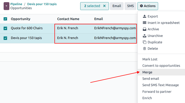 فهرست سرنخ‌ها و فرصت‌های مشابه انتخاب‌شده برای ادغام در برنامه CRM.