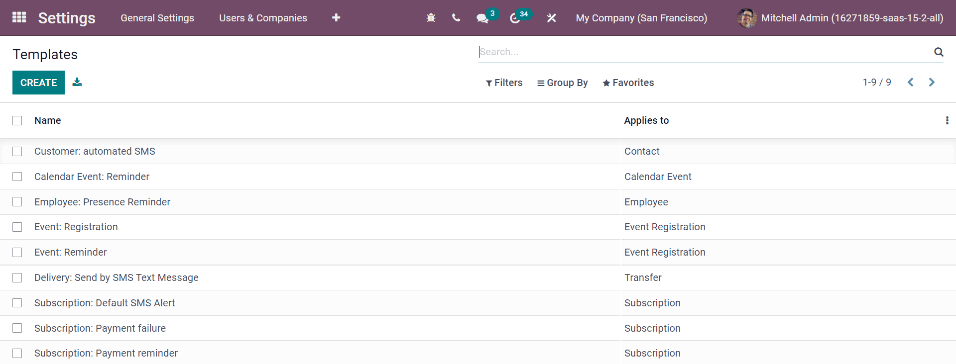 صفحه الگوهای پیامک در اودو پس از فعال‌سازی حالت توسعه‌دهنده در تنظیمات عمومی در دسترس است.